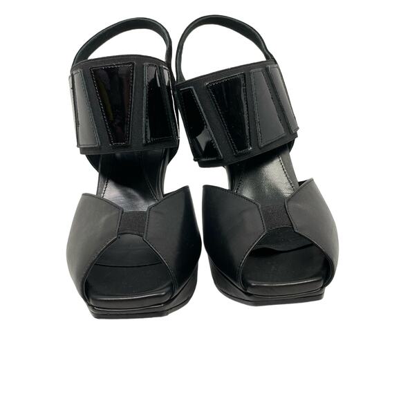 Dana Davis | Annie Black Leather Slingback Peep Toe Tall Heel Platform Sandals - Picture 3 of 9